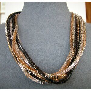 Eight Strand Black & Gold Metallic Necklace With Lobster Clasp